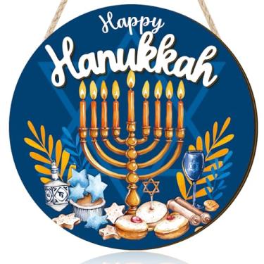 Imagem de Ausril Placa de porta de boas-vindas Happy Hanukkah, castiçal de Hanukkah, placas de parede de comida, decoração de parede de estrela de Chanucá, cabide de madeira Chanucá azul, placa de porta de ano