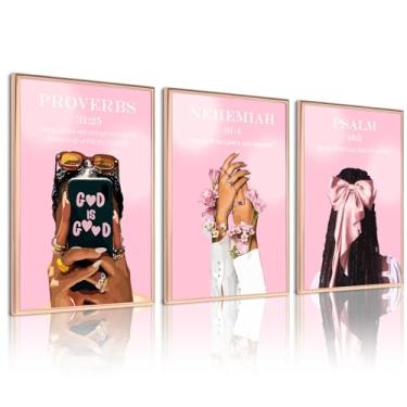 Imagem de Arte de parede de menina negra, pôster em tela cristã, rosa, versículo bíblico, decoração de parede, fotos de mulheres afro-americanas, moda, impressões, pintura de escrituras de fé moderna para