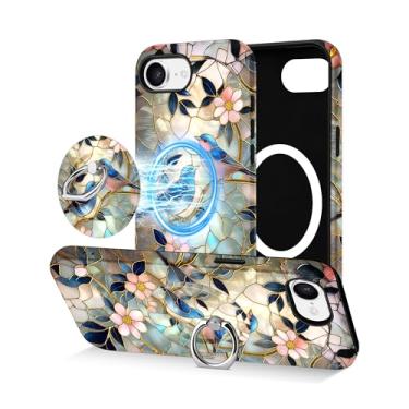 Imagem de Jusy Capa de telefone compatível com vitral Magsafe para iPhone 16e, linda capa de suporte de anel magnético estético, TPU macio e capa protetora de policarbonato rígido para mulheres e meninas