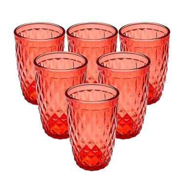 Imagem de Jogo C/ 6 Copos de Vidro 360ml Vermelho P/ Suco Agua Refrigerante Bebidas Drink