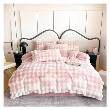 Imagem de Jogo de cama de inverno quente aconchegante capa de edredom de pelúcia macia jogo de lençol plano fronha (rosa queen)