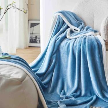 Imagem de JUSHZ Cobertor de lã com peso para cama adulto longo casal solteiro para sofá verão primavera outono inverno para viagens uso no escritório e como xaile (azul, 120 x 200 cm)