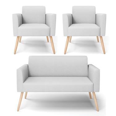 Imagem de Sofá Namoradeira com 2 Poltronas Pés Palito Natural Marisa Linho Cinza A05 D03 - D'Rossi