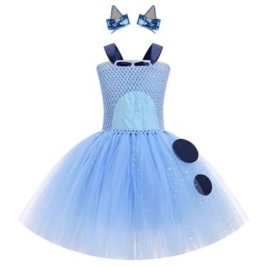 Imagem de IBTOM CASTLE Fantasia de Halloween para meninas, vestido tutu de tule com lantejoulas e orelhas de cachorro, infantil, livro de palavras, dia, festa de aniversário, vestido chique, azul, 8 a 9 anos