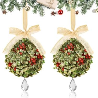 Imagem de 2 peças de decoração de visco de Natal artificial enfeite de cristal pendurado bola de beijo com laço de baga para porta de casa, árvore de Natal, amizade, festa, feriado, arco, decoração de teto