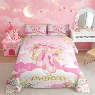 Imagem de Conjunto de cama queen, para meninas e mulheres, conjunto de edredom de princesa de balé rosa, decoração de quarto infantil, conjunto de colcha com laço feminino sonhador, 3 peças, enchimento de