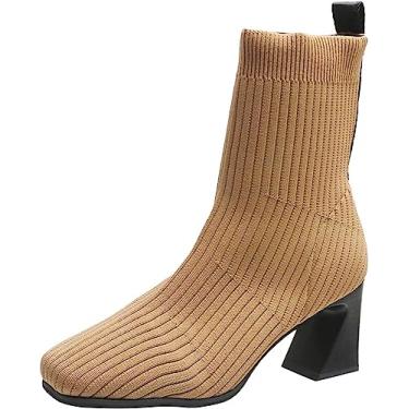 Imagem de Botas femininas de inverno quentes para neve salto alto elástico tricô botas curtas botas meias botas para uso ao ar livre, Cáqui, 38 BR