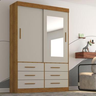 Imagem de Guarda Roupa Solteiro 2 Portas com Espelho 6 Gavetas Luana Sallêto Móveis Cinamomo/Off White