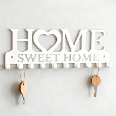Imagem de Suporte de parede, suporte de chave de metal, 10 ganchos, organizador de ganchos, decoração de parede para cozinha, entrada, corredor, quarto, porta, 10 x 3,5 cm (branco)