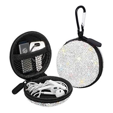 Imagem de Capa para fone de ouvido, pequenos estojos de transporte com strass brilhante, cristal, portátil, organizador de fone de ouvido, bolsa de armazenamento com mosquetão, 1 pacote branco