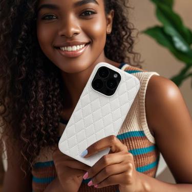 Imagem de Capa de telefone para iPhone Pro 16, traseira semelhante a couro e moldura de silicone - design de couro vegano, capa protetora feminina antiderrapante branca