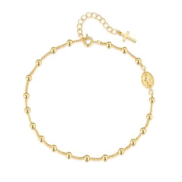 Imagem de KHFGDS Tornozeleiras de ouro 14K para mulheres, pulseiras de tornozelo de ouro para mulheres, contas, acessório, corrente cruzada, tornozeleira, medalhão e cruz delicada, comprimento ajustável 24 a 28