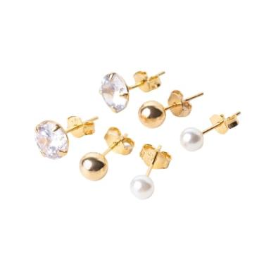 Imagem de Conjunto Semijoia Folheada a Ouro 18k Kit Trio Brincos Dourado 3 Par Zircônia Cristal Bolinha Pérola