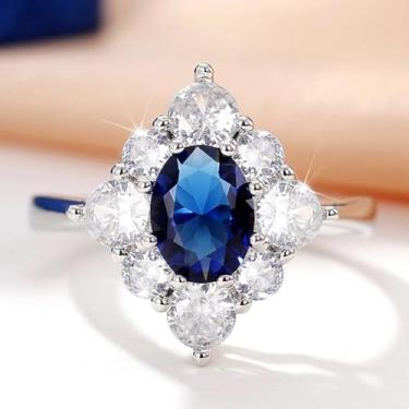 Imagem de Anéis de noivado de zircônia cúbica de ovo azul banhado a ouro branco, alianças de compromisso, festas noturnas, presentes de dia dos namorados, alianças de eternidade para mulheres, 9, Cobre, Sem