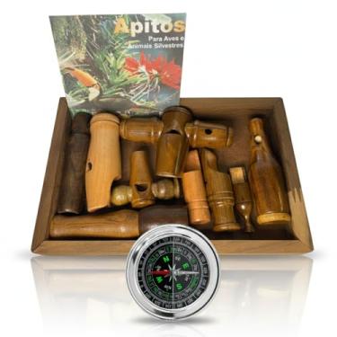 Imagem de 9 Apitos De Madeira P/Aves E Animais Silvestres Caça Livro Manual + Bússola Profissional 7,5 Portátil Camping Caça Trilha