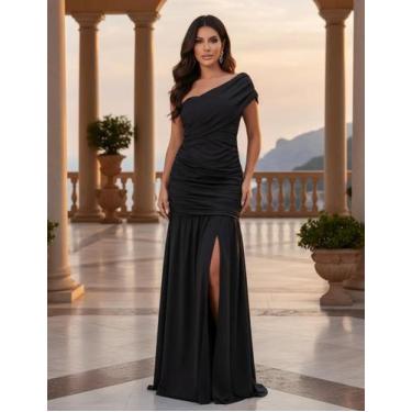 Imagem de Vestido Feminino Longo Com Fenda Manga Nula De Festa Franzido Modelado