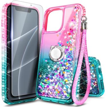 Imagem de Capa NGB projetada para iPhone 11 Pro, rosa/aqua | Capa fofa com glitter líquido brilhante para mulheres, meninas e crianças | com protetor de tela de vidro temperado, suporte de anel e alça de pulso