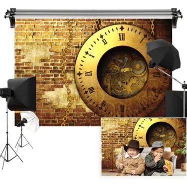 Imagem de Vie Savaran 2,4 x 1,8 m de fundo de relógio antigo, vintage, parede de tijolos, ouro, corrente de relógio de metal, fundo de fotografia, minimalista, festa de aniversário, ano novo, retrato, vídeo