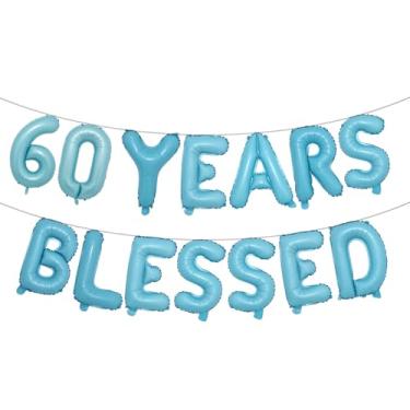 Imagem de 60 Years Blessed Banner de balão multicolorido com glitter, decorações de festa de aniversário de 60 anos/casamentos, cenários de sinalização (60 YEARS BLESSED azul claro)