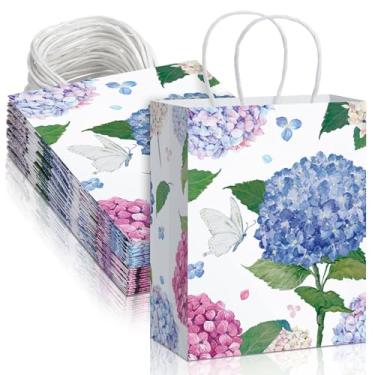 Imagem de Chiisong 24 peças de sacos de presente floral aquarela, hortênsia, papel para presente com alças, médio, casamento, floral, festa, lembrancinha para o dia das mães, feriado, aniversário, chá de bebê