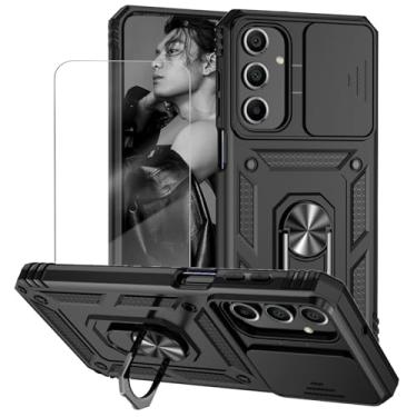 Imagem de Capa para Samsung Galaxy A35 Capinha | com 2 peças de protetor de tela temperado com janela deslizante da câmera e suporte para telefone incluídos - Preto