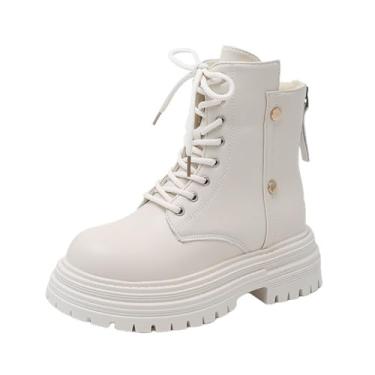 Imagem de Botas femininas de cano curto com cadarço e zíper lateral para uso casual de inverno em lazer ao ar livre, Bege, 38