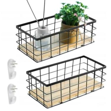 Imagem de Cestas de armazenamento de arame de 2 peças com base de madeira, organizador versátil para banheiro, cozinha, quarto, parede ou bancada