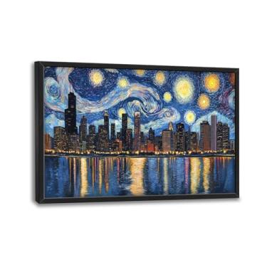 Imagem de Arte de parede do horizonte de Chicago, decoração de parede de fotos de Chicago noite estrelada, pintura impressa em tela de paisagem urbana dos EUA, arte emoldurada panorâmica de edifício grande para