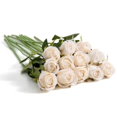 Imagem de Amore Florals 12 peças de flores artificiais de seda buquê de rosas – arranjo de haste longa de rosas falsas para centro de mesa de casamento, dia dos namorados, dia das mães, decoração de festa de