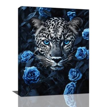 Imagem de Olivine Arte de parede de animais selvagens, imagem de retrato de leopardo, impressões em tela de chita cinza e rosa azul, arte moderna para banheiro, quarto, sala de estar 40,6 x 30,5 cm