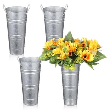 Imagem de Alças com baldes, vasos rústicos de 22 cm, peças galvanizadas de metal 4 - vintage para flores cortadas para vasos florais de fazenda alto - para decorações recipientes de mesa de centro de mesa