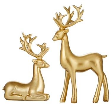 Imagem de 2 peças de enfeites de resina esculpidos de alce, decoração de rena de Natal em busca de fortuna arte retrô moderna em pé e postura sentada, aplicável à sala de estar e quarto (ouro puro)