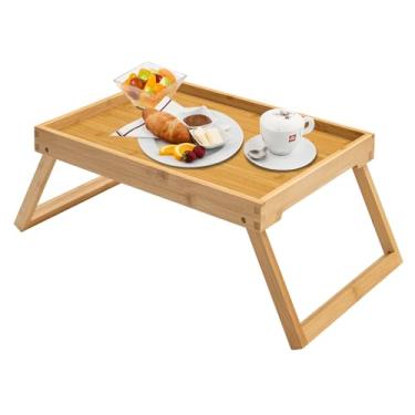 Imagem de Kaukinye Bandeja de cama de bambu com pernas dobráveis, bandeja de café da manhã, mesa de laptop para cama ou sofá, servir, mesa de TV, cozinha, comer, trabalhar, ler (bege)
