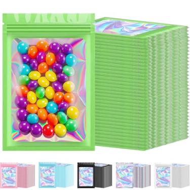 Imagem de 300 sacos holográficos Mylar a granel, à prova de cheiro, sacos resseláveis com janela transparente, bolsa de alumínio para pequenas empresas e armazenamento de alimentos (verde, 6 x 9,9 cm)