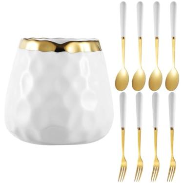 Imagem de Conjunto de potes de cerâmica com colheres e garfos para café, chá, sorvete e sobremesas, inclui talheres