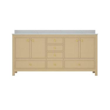 Imagem de HIGEINE Armário de banheiro moderno com pia dupla de 183 cm, armário independente em carvalho com bancada de mármore Calacatta e orifício para torneira