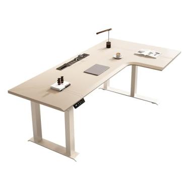 Imagem de Mesa de trabalho Mesa de pé elétrica em formato L com tomadas carregamento, mesa canto para escritório casa altura ajustável e tampo couro tipo sela(L)