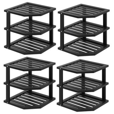 Imagem de VERTORGAN Prateleira de canto de bambu de 3 camadas (pacote com 4), escorredor de louça, organizador de pratos, suporte de especiarias de cozinha para bancada e armário (preto)