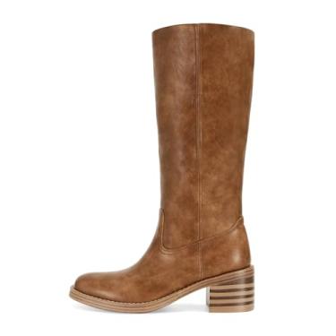 Imagem de DOEYG Botas femininas de cano alto banana bico quadrado salto grosso botas altas panturrilha larga moda confortável casual pull on botas longas, Meia panturrilha marrom, 34 BR
