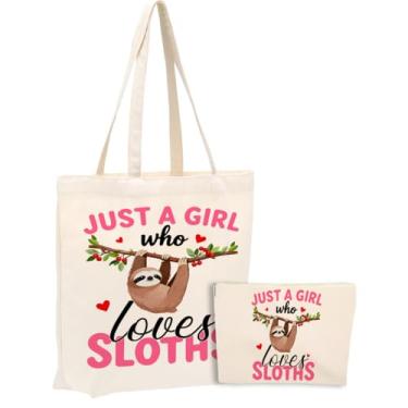 Imagem de jeilink Sacola de lona em aquarela dinossauro cavalo lobo raposa vaca frango com bolsa de maquiagem para mulheres meninas aniversário Natal, Preguiças 1170, Large