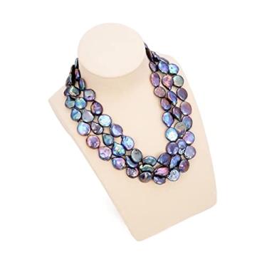 Imagem de Joias 3 fileiras 13 mm moeda preta Keshi colar com pingente feminino