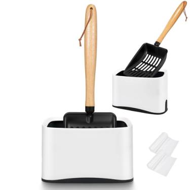 Imagem de Pá de areia para gatos, pá preta de metal premium para limpeza fácil, pá de gatinho de aço inoxidável, colher de peneira, durável, resistente, alça de madeira confortável, para caixa de areia (alça de