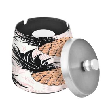 Imagem de Blueangle Cinzeiro padrão de abacaxi com tampa para cigarros, à prova de vento/chuva, aço inoxidável, sem fumaça, inodoro, cinzeiro para uso interno ou externo (72)