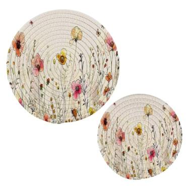 Imagem de Blueangle 2 peças de suporte de panela de flores silvestres de ervas - conjunto de pegadores de panela de tecido redondo - almofadas quentes trançadas de algodão - porta-copos - tapetes de mesa para