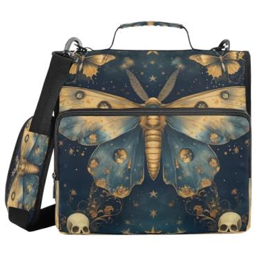 Imagem de Blueangle Fichário com zíper de caveira Moth Dead, bolsa de fichário de 3 anéis de 3 cm comporta 500 páginas, organizador de zíper com vários bolsos com alça ajustável e alça (285)