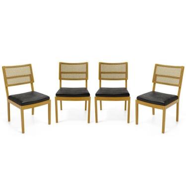Imagem de Kit Com 4 Cadeiras Milena Madeira Maciça Assentos Estofados Encostos De Tela Palha Sextavada Courino Preto 503