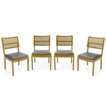 Imagem de Kit Com 4 Cadeiras Milena Madeira Maciça Assentos Estofados Encostos De Tela Palha Sextavada Veludo Chumbo 109