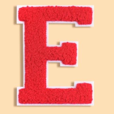 Imagem de QianSiLi Remendos de letras universitárias de chenille vermelho de 11 cm, letras grandes para jaquetas Letterman, moletons com capuz, mochilas, coletes, roupas, adesivos individuais de letra E