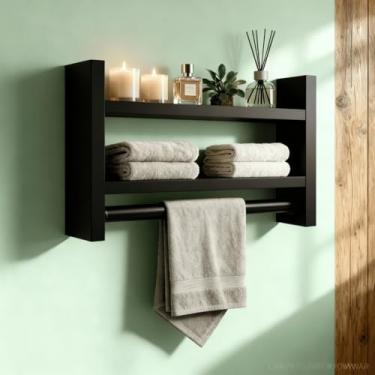 Imagem de Nicho Porta Toalha Branco e Preto com Prateleira Organizadora de Parede em Metal – Para Banheiro, Lavabo e Ambientes Funcionais(Branco,40 cm)