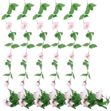 Imagem de WADORN 6 peças, guirlanda de flores falsas de videira de rosa artificial, 1,4 m, guirlanda floral sintética para pendurar vegetação hera falsa rosa de seda plantas para quarto, casa, hotel, festa de